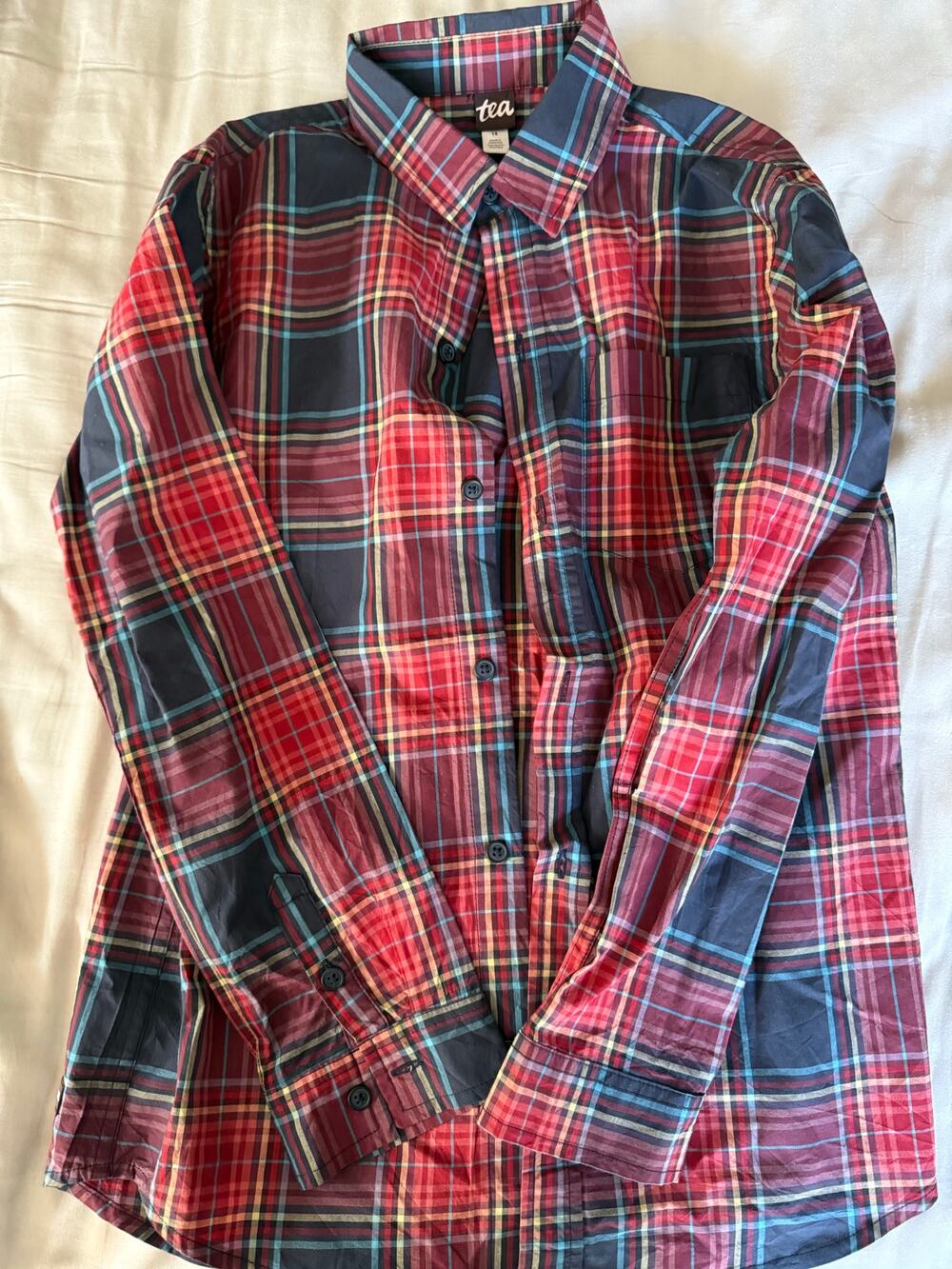 Tea Collection red and navy plaid shirt size 14